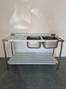New Solid Welded Stainless Steel 1500mm Wide Double Bowl Sink With LH Drainer